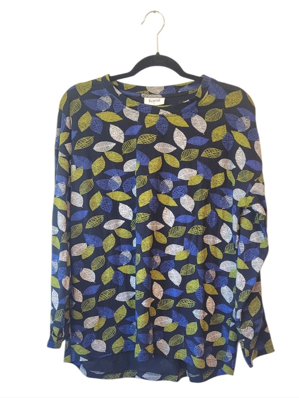Komil 100% Cotton Navy Leaf Print Long Sleeve Top Size L